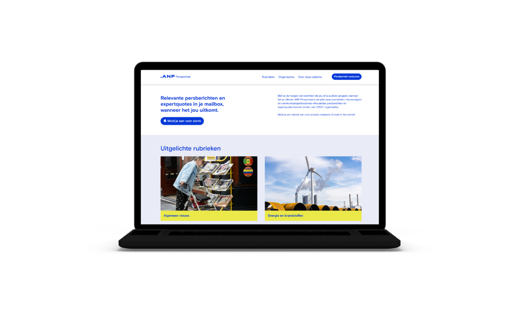 een screenshot van het ANP Persportaal in een laptop-mockup. Te zien is de homepage van de website.